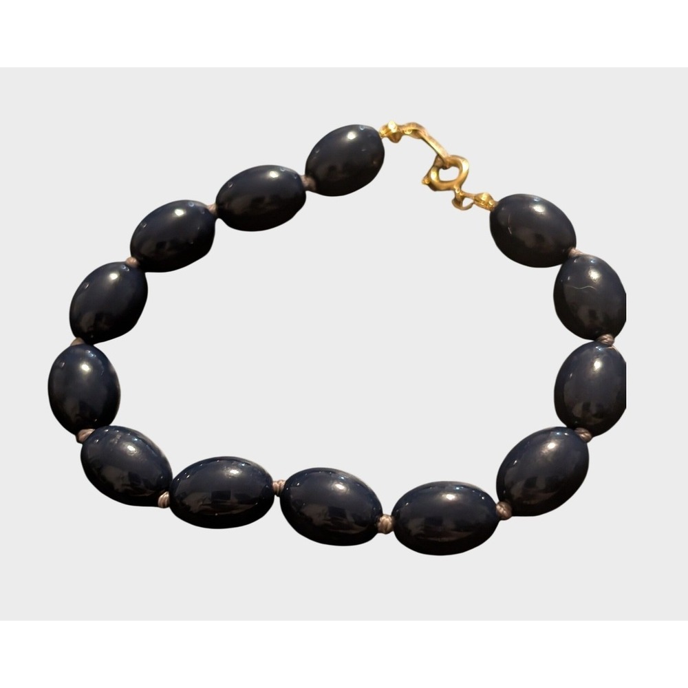 Vintage Beaded Bracelet Navy Blue Lucite Oval Beads Gold Tone Clasp 7.7"